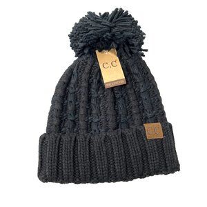 C.C Cable Knit Slipstitch Pom Beanie Womens OS Black Acrylic Style No. 889 NEW